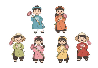 Colorful Cartoon Vietnamese Children with Lotus Flower Traditional Costume Illustration