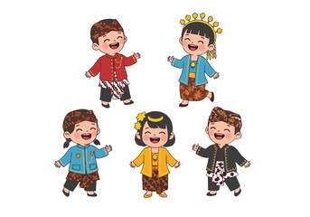 Cute Handdrawn Indonesian Traditional Outfit Children Set Character Illustration