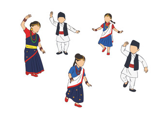 Colorful Handdrawn Children Celebrating Traditional Nepali Dance Illustration