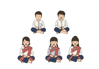 Handdrawn Smiling Children Meditating Together in Traditional Clothing Illustration