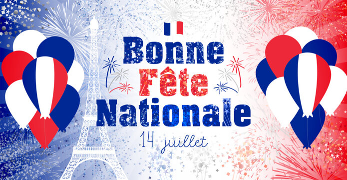Happy National Day 14 th of July French postcard. Internet banner. Advertisement design. Web poster. Social network timeline story. Blogging congrats. Festive backdrop with abstract shiny elements. - Powered by Adobe