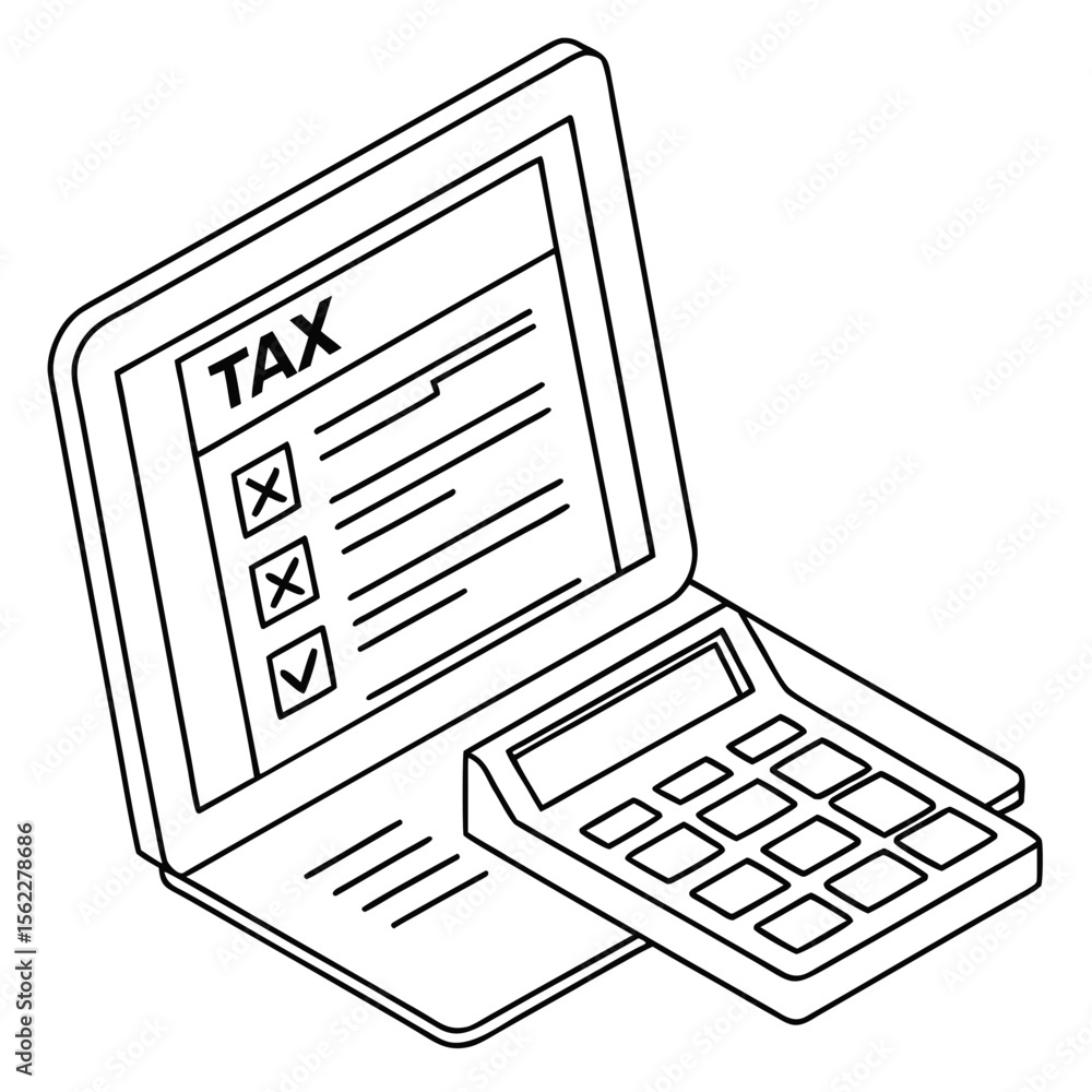Poster conceptual illustration of a laptop displaying a tax form with checkboxes next to a calculator symbo