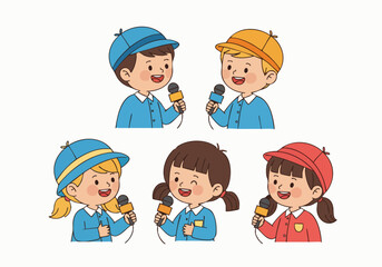 Cartoon Cheerful Students Singing with Microphone Illustration in Diverse Outfit