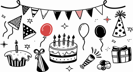 Hand-drawn Birthday Party Doodle Elements: Cake, Balloons, Hats