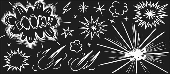 Hand-drawn Comic Book Explosion Effects, Stars, and Speech Bubbles