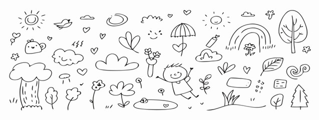 Hand-drawn Childlike Nature Doodle Set: Sun, Rainbow, Trees, Clouds, Flowers