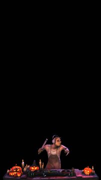 Seamless vertical video of butcher psycho killer djing with turntables isolated with copyspace. Funny halloween background.