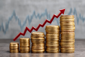 Gold coin stacks rising red arrow gold coins financial growth