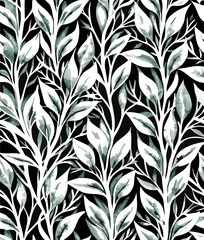Seamless Watercolor Floral Pattern: Black, White & Green Leaves