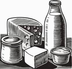 Black and White Illustration of Dairy Products: Milk, Cheese, Yogurt