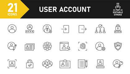User account line icon set. Set of 21 outline icons related to profile, login, logout, password, user name, lock and others. Editable stroke. Vector illustration.