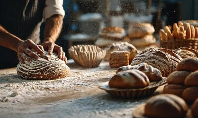 Baker shaping loaf with flour, background of bread, bakery table scene, use for recipe book or advertisement