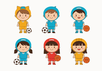 Cute Cartoon Child Player with Sport Ball Character Illustration Set
