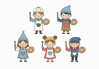 Cute Handdrawn Diverse Little Artists with Palette and Brush Illustration