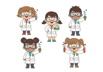 Cheerful Flat Illustration Group of Children Scientist Character Set Design