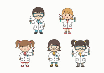 Obraz premium Cute Cartoon Diverse Student Scientist Group in Lab Coat Illustration