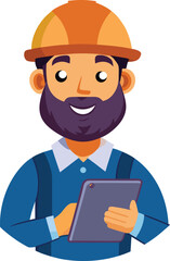 An male engineer, male engineer in safety helmet holding tablet and smiling 