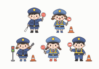 Cute Illustration Little Traffic Officer Character in Diverse Poses Set