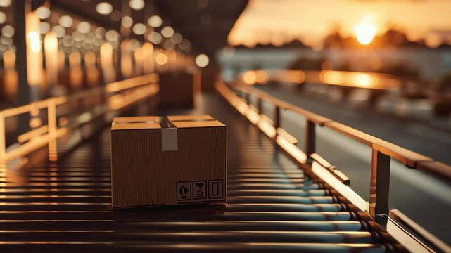 Warm Sunset Over Shipping Conveyor with Package Ready for Delivery in Logistics Center