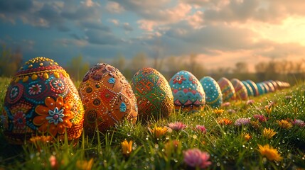 A row of decorated easter eggs in a field of flowers under a cloudy sky at sunset