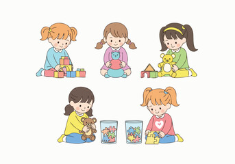 Colorful Cartoon Illustration of Kindergarten Children Playing with Toys Together