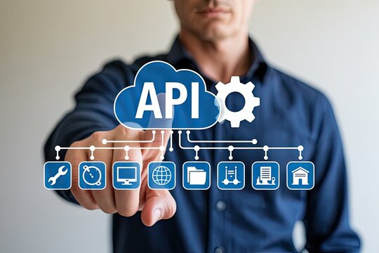 Man s hand points to a cloud with the word api and a gear connected to various service icons representing integration and technology - Powered by Adobe