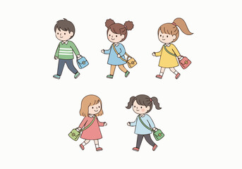 Cute Handdrawn Walking Student Character with Bag Illustration Set