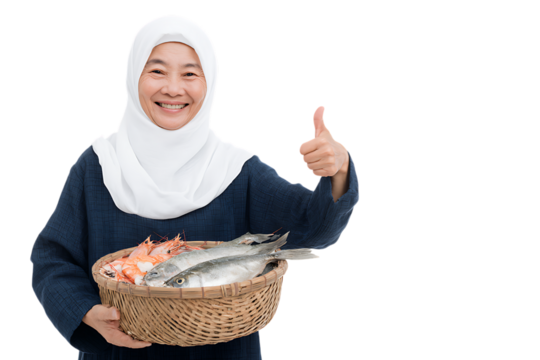 Smiling woman in hijab holding a basket of fresh fish and seafood, giving thumbs up.