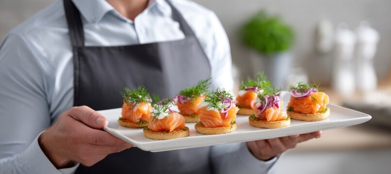 Chef holding tray of smoked salmon canapes with dill and red onion - Powered by Adobe