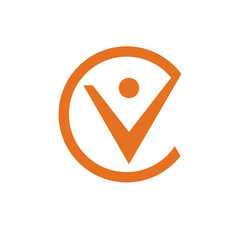 A circular orange logo framing an abstract human figure with outstretched arms and a head represented by a dot and a "V" shape