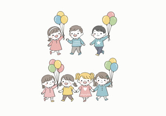 Cute Handdrawn Children Holding Colorful Balloons Cheerful Group Illustration