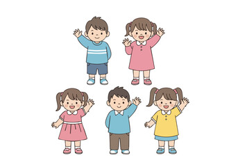 Cute Handdrawn Diverse Group of Children Waving Illustration