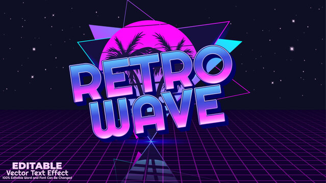 Retro wave 3d editable vector text effect. 80s synthwave, neon vaporwave, chrome glitch, and futuristic nostalgia typography style for digital design. - Powered by Adobe