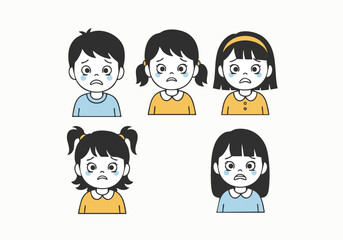 Simple Flat Style Crying Children Character Face Set Illustration