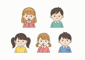 Flat Illustration Bored Kids Group with Various Facial Expressions Cartoon