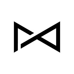 A bold black minimalist logo forming an abstract "M" shape or an hourglass/infinity symbol with sharp angles