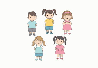 Cartoon Handdrawn Set of Diverse Group of Children Standing Characters Illustration