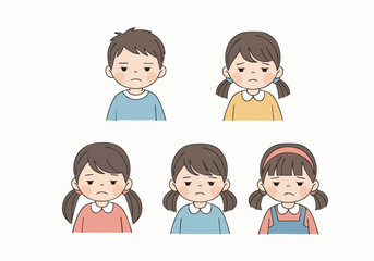 Handdrawn Detailed Diverse Group of Unhappy Children with Disappointed Expression Illustration