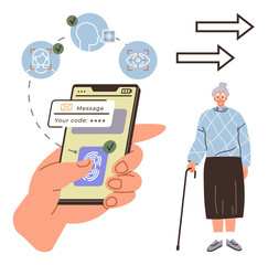 Hand holding smartphone with facial recognition, fingerprint scan, and verification code. Elderly person with cane. Ideal for security, accessibility, technology, authentication, inclusivity