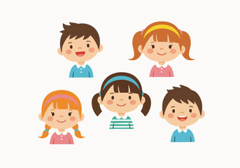 Cute Cartoon Style Diverse Children Faces Illustration Set for Education Material
