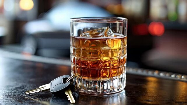 A whiskey glass with car keys on a bar, representing the dangers of drinking and driving.