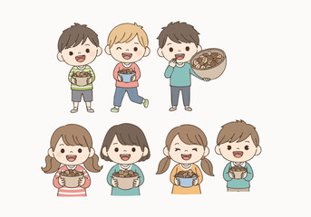 Cute Handdrawn Group of Kids Enjoying Delicious Food Illustration