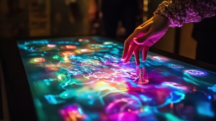 A hand interacting with a bright interactive table displaying colorful digital information graphics