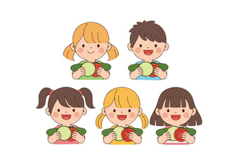 Cute Handdrawn Children Holding Fruit Illustration Cartoon Style Characters