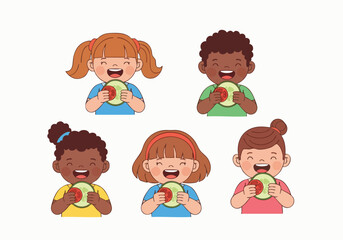 Cheerful Handdrawn Children Eating Watermelon Slice Fruits Illustration