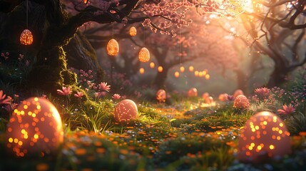 A magical forest path with glowing eggs and cherry blossoms in soft golden light