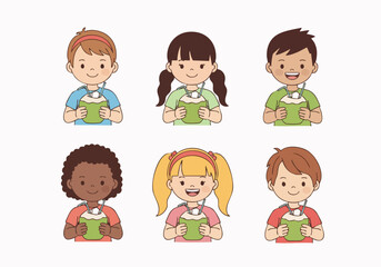 Flat Illustration Diverse Children Enjoying Fresh Coconut Drink Collection