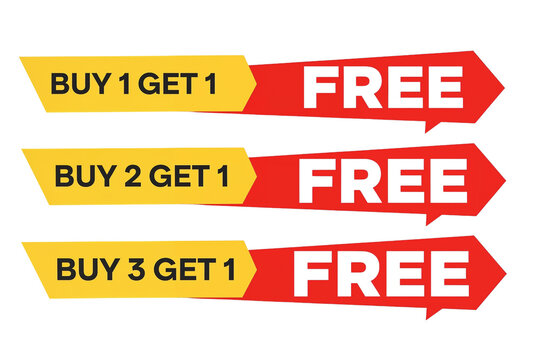 Collection of three promotional sale banners offering buy one get one free deals isolated on transparent background