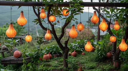 Illuminated gourd lanterns hanging from a tree in a garden setting at twilight hour