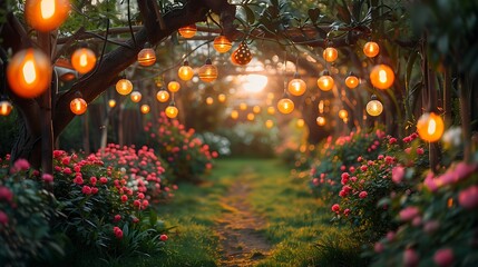 A magical garden path illuminated with glowing lanterns and vibrant pink rose bushes